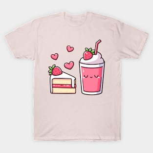 Cute Kawaii Strawberry Milkshake and Cake in Love | Kawaii Food Gift for Couples T-Shirt